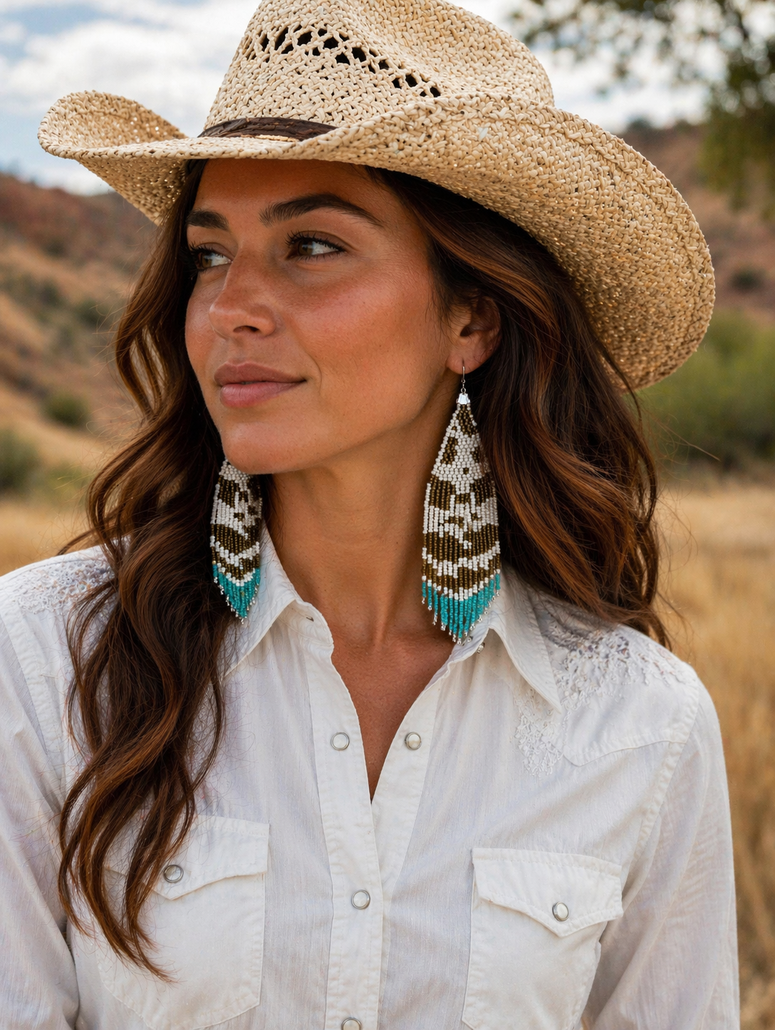 Beaded Cow Print Fringe Earrings With Turquoise and Silver Accents