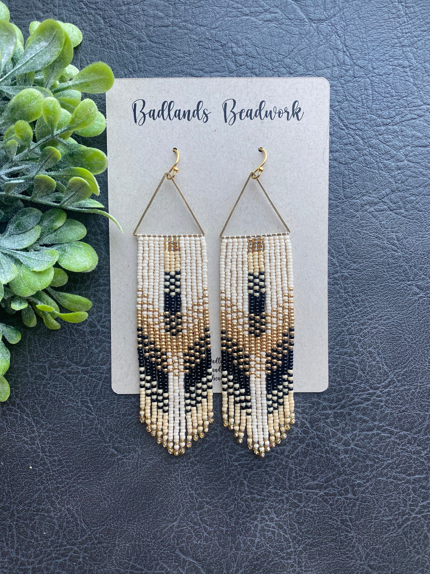 Black Beige Gold Triangle Fringe Earrings