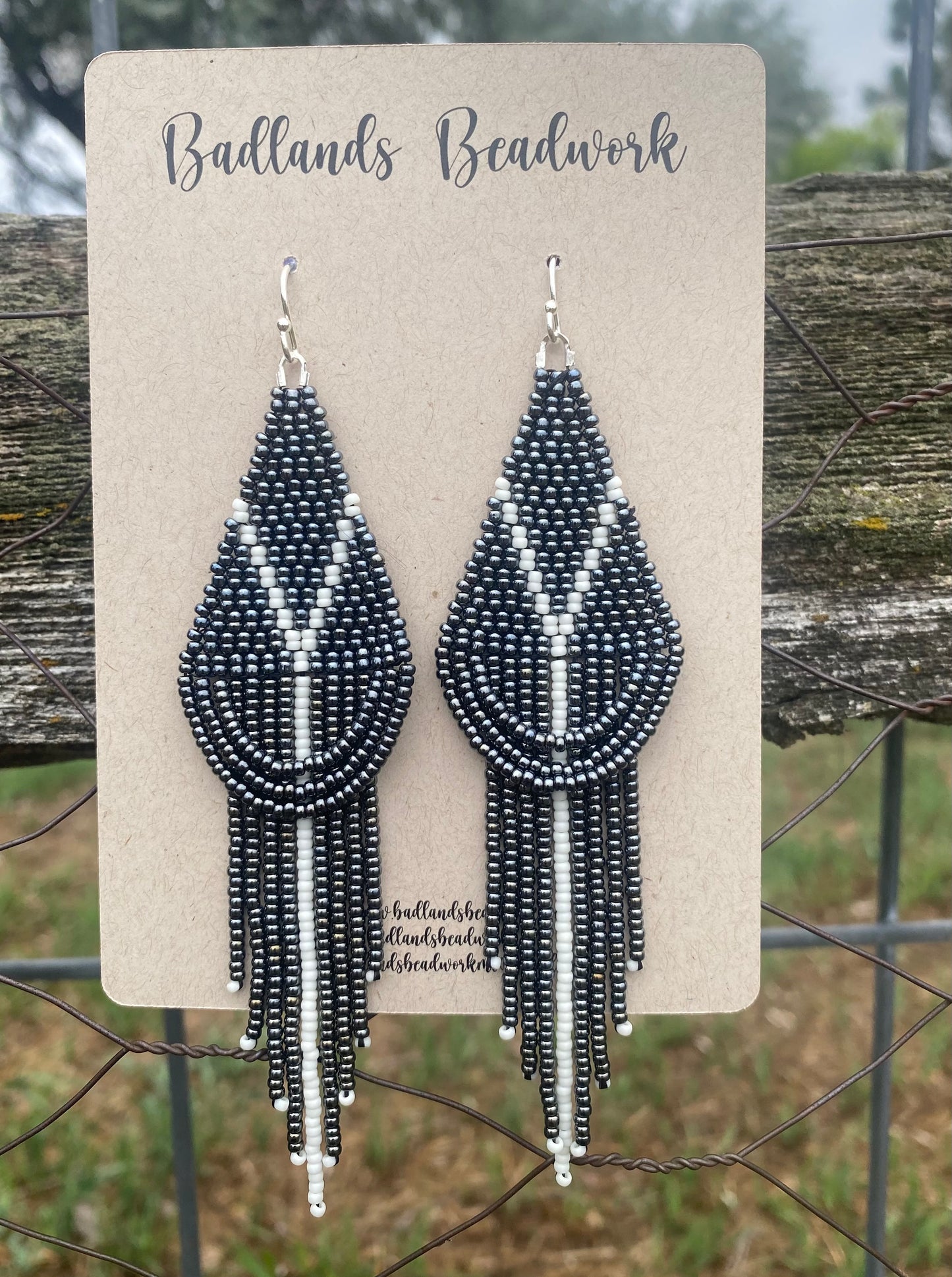 Gun Metal and White Drape Fringe Earrings