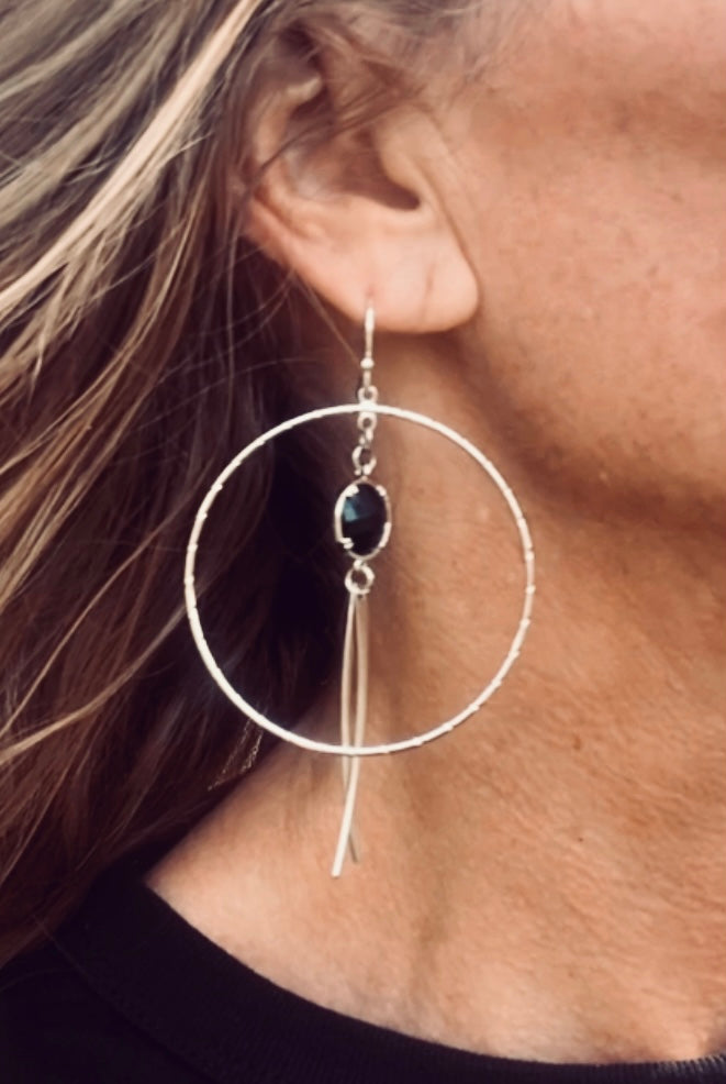 Silver Boho Hoops with Black Onyx Charm