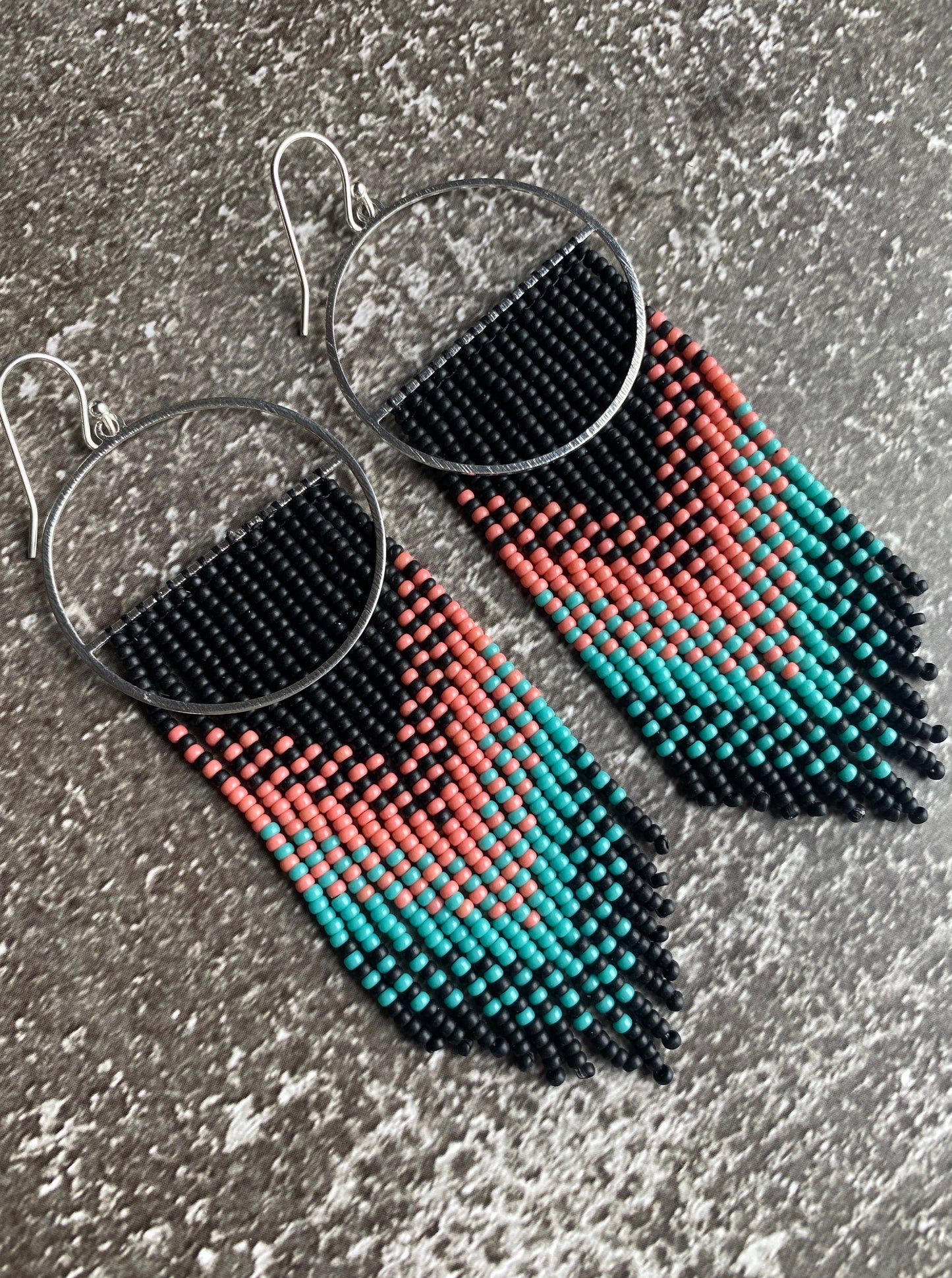 Black coral turquoise silver hoop fringe boho earrings