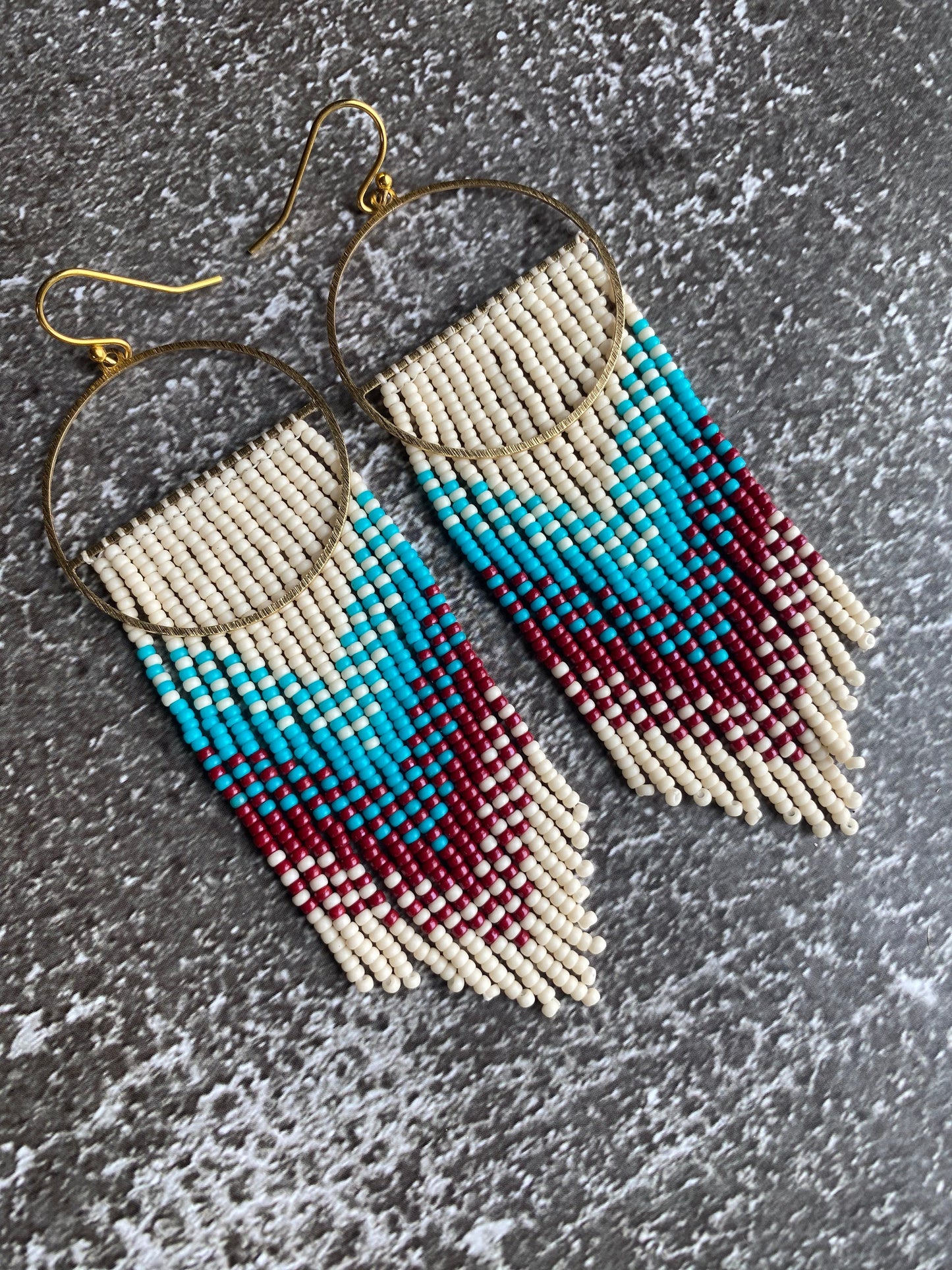 Turquoise brick red beige silver hoop boho fringe earrings