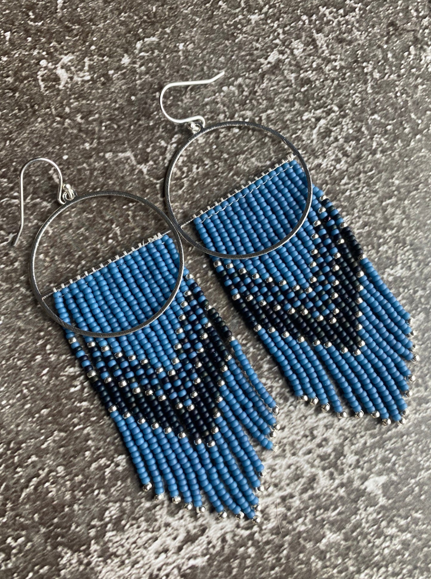 Denim blue navy silver hoop boho fringe earrings