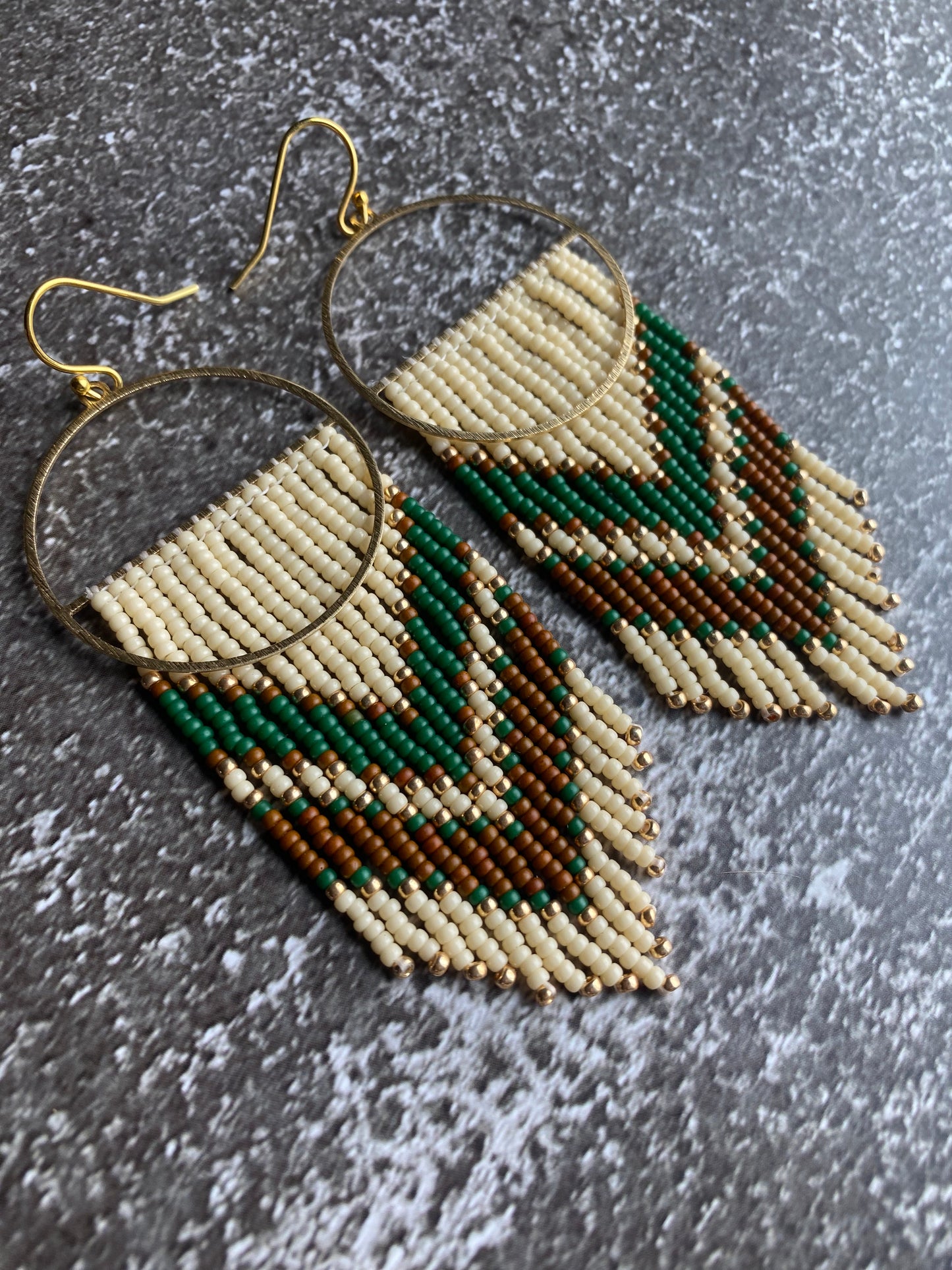 Dark forest green reddish brown beige gold hoop fringe earrings