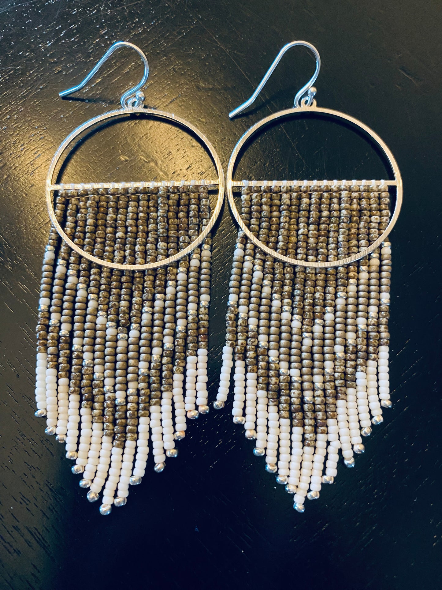 Gray White Silver Hoop Fringe Earrings