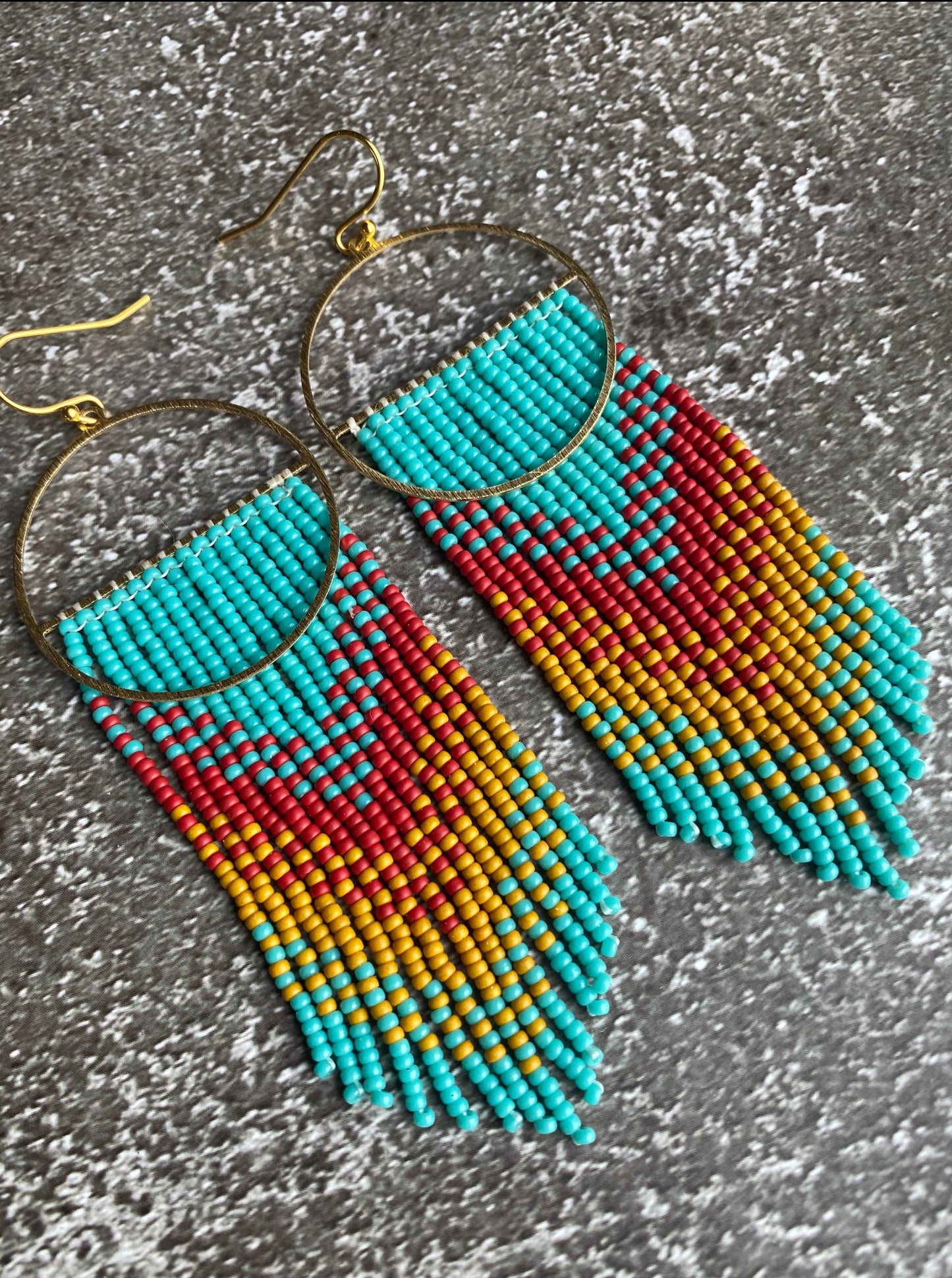 Turquoise mustard red gold hoop fringe boho earrings