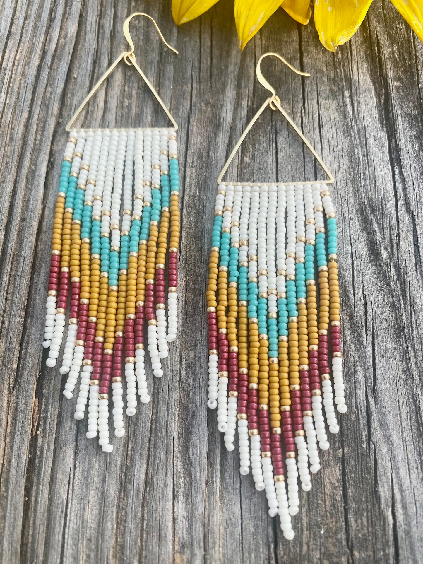 Triangle mustard turquoise red fringe boho earrings