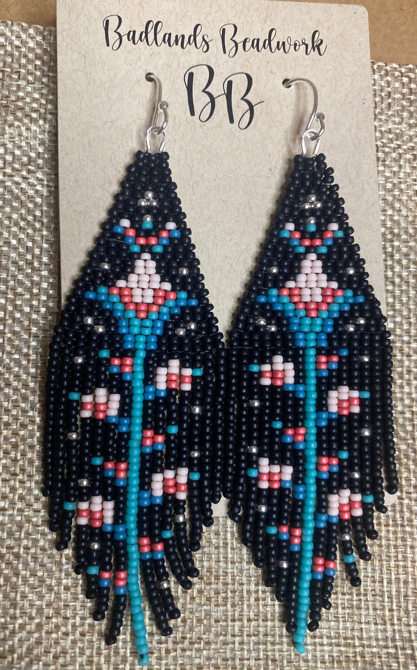 Black pink blue flower earrings