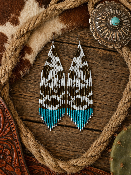 Beaded Cow Print Fringe Earrings With Turquoise and Silver Accents