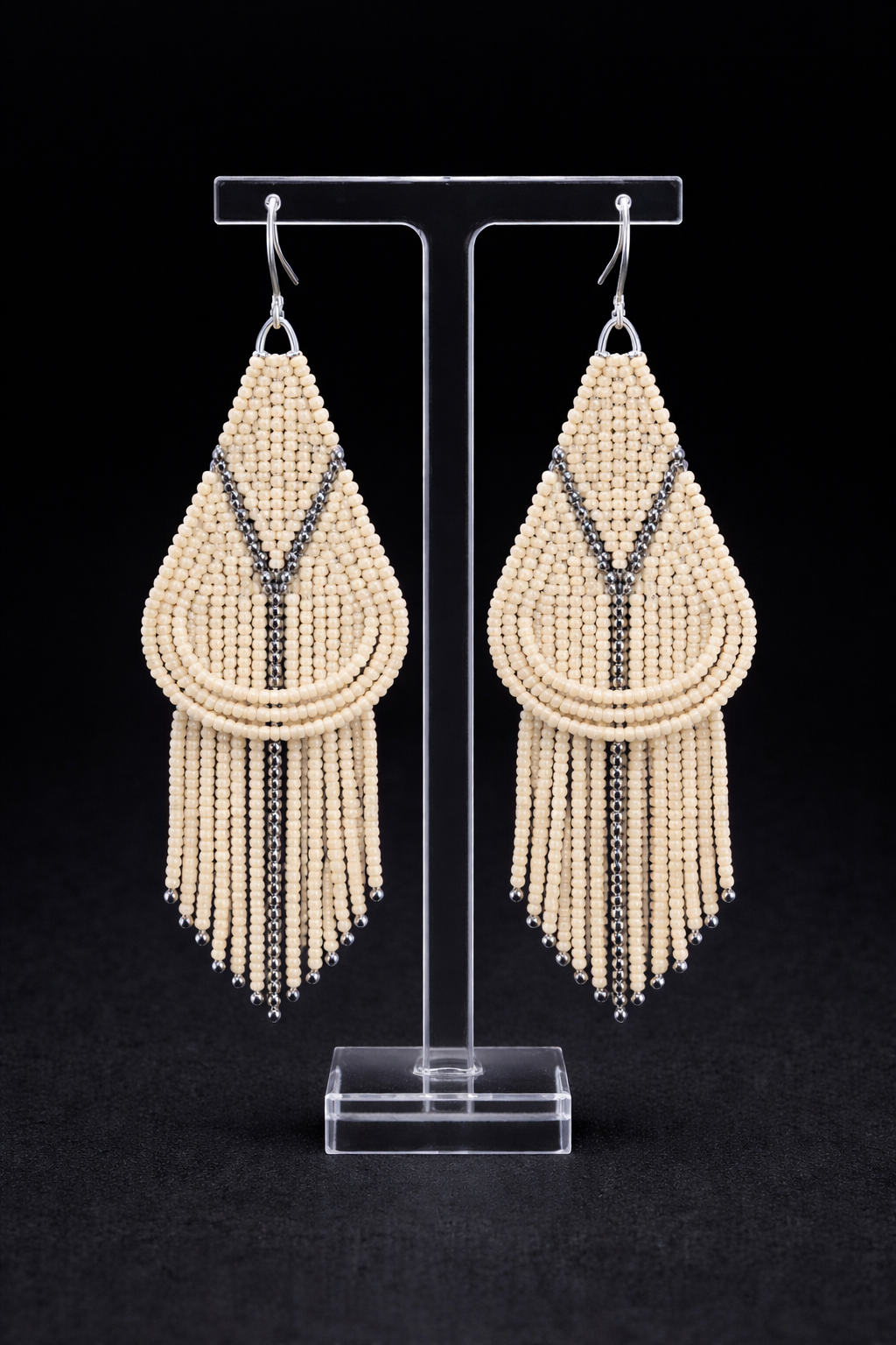 Beige and Nickel Drape Fringe Earrings