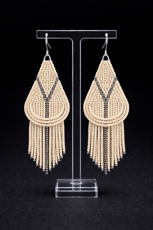 Beige and Nickel Drape Fringe Earrings