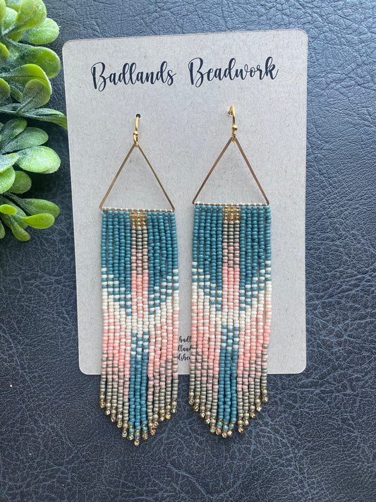 Blue Pink Gold Triangle Fringe Earrings