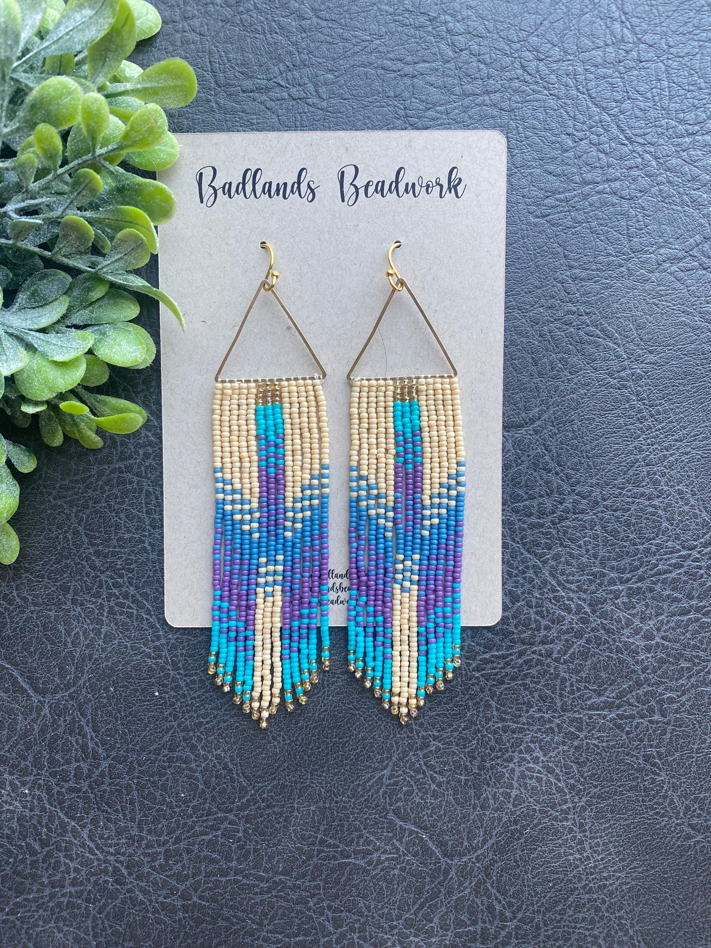 Purple Blue Turquoise Gold Triangle Fringe Earrings