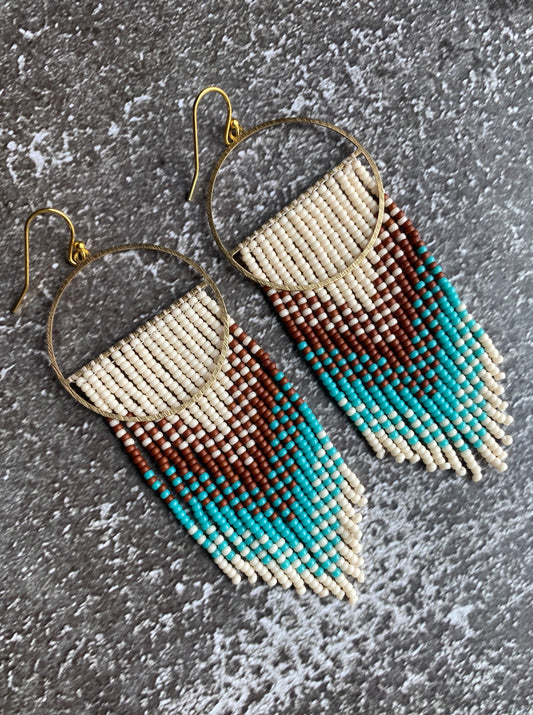 Brown beige turquoise gold hoop fringe boho earrings 