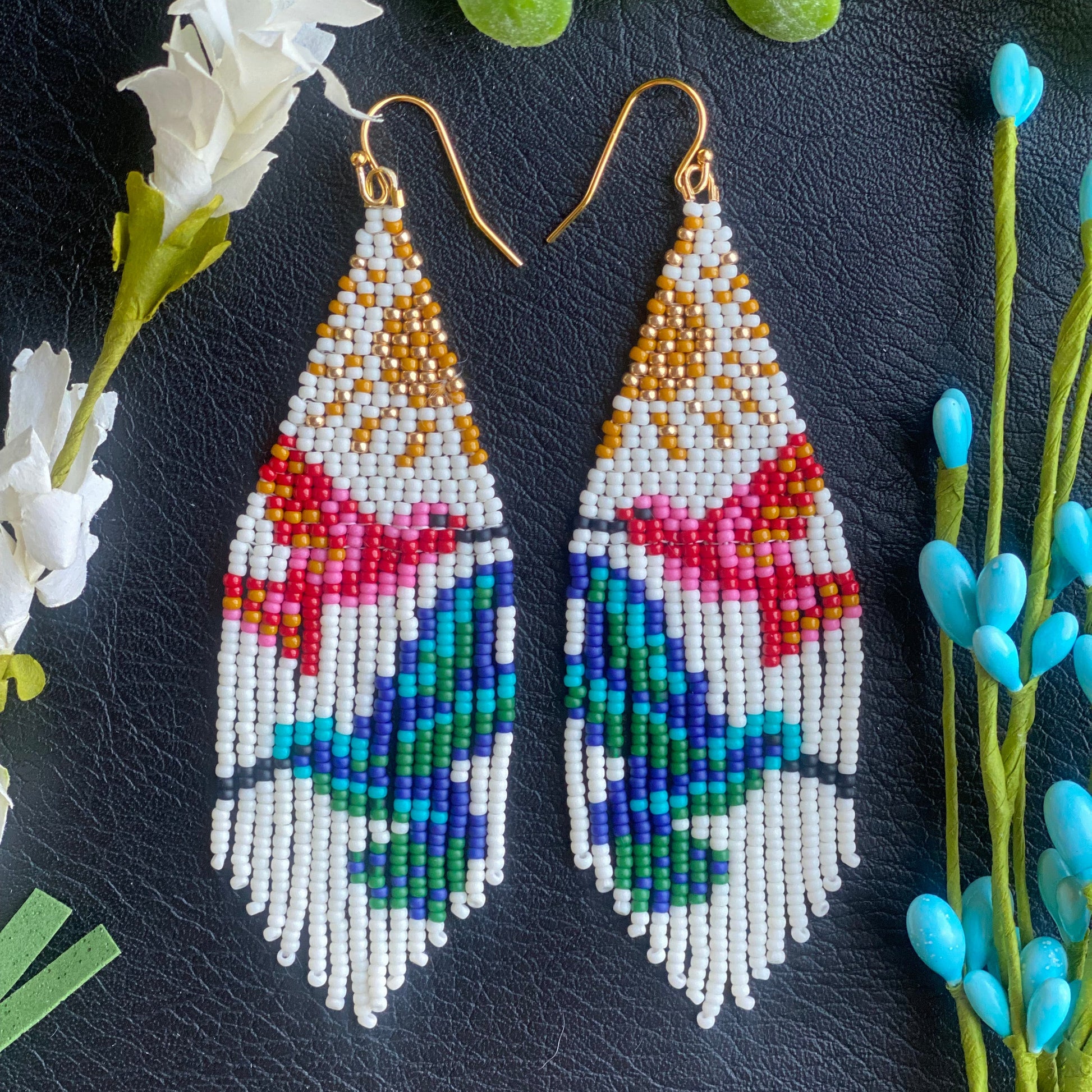 Blue pink  green hummingbirds beaded fringe earrings badlands beadwork 