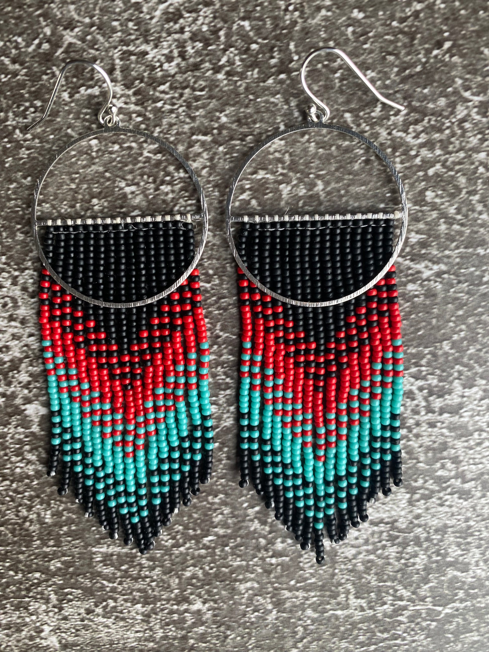 Red Black Turquoise silver-hoop fringe earrings