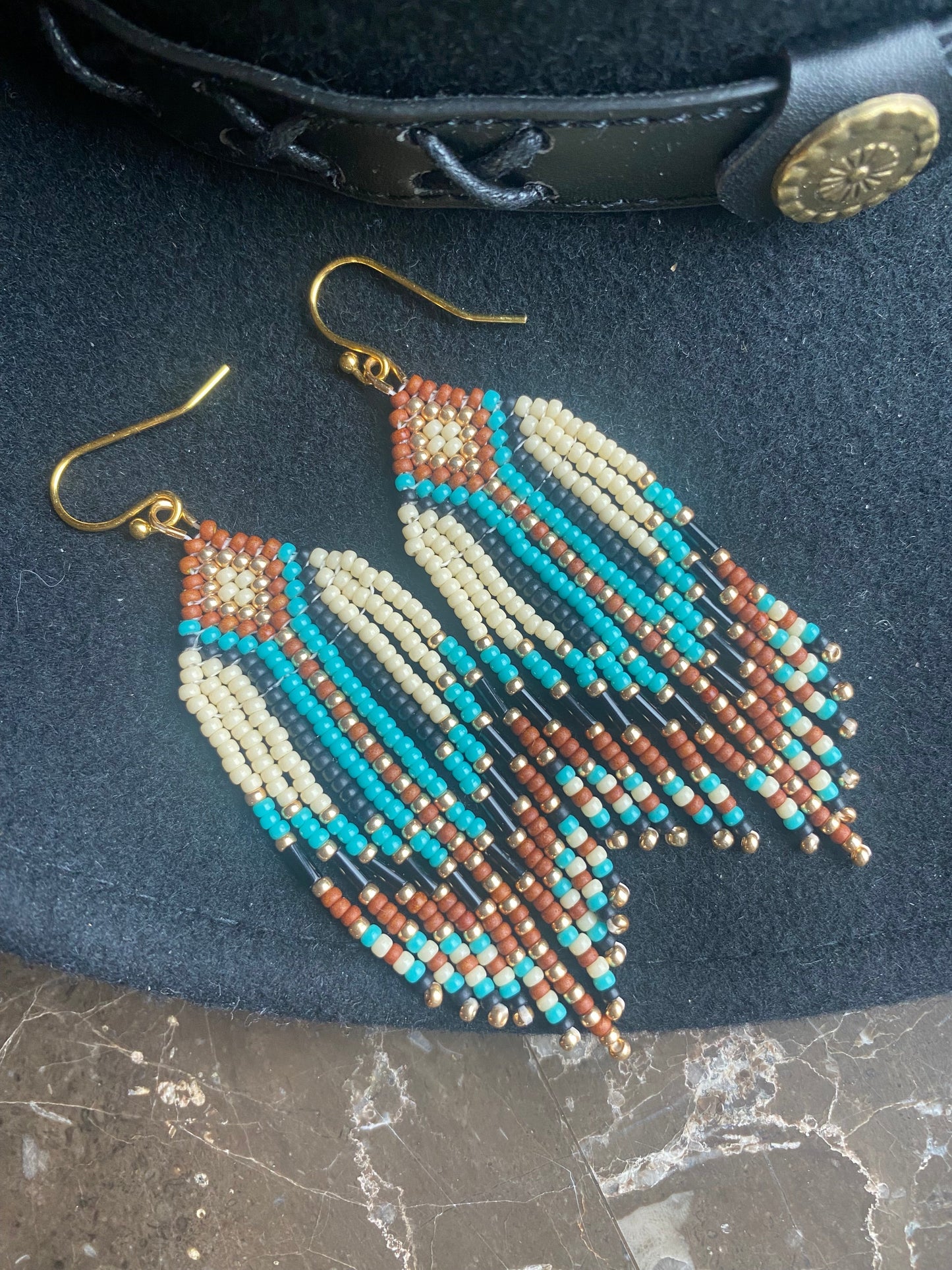 Western brown beige turquoise beaded earrings on