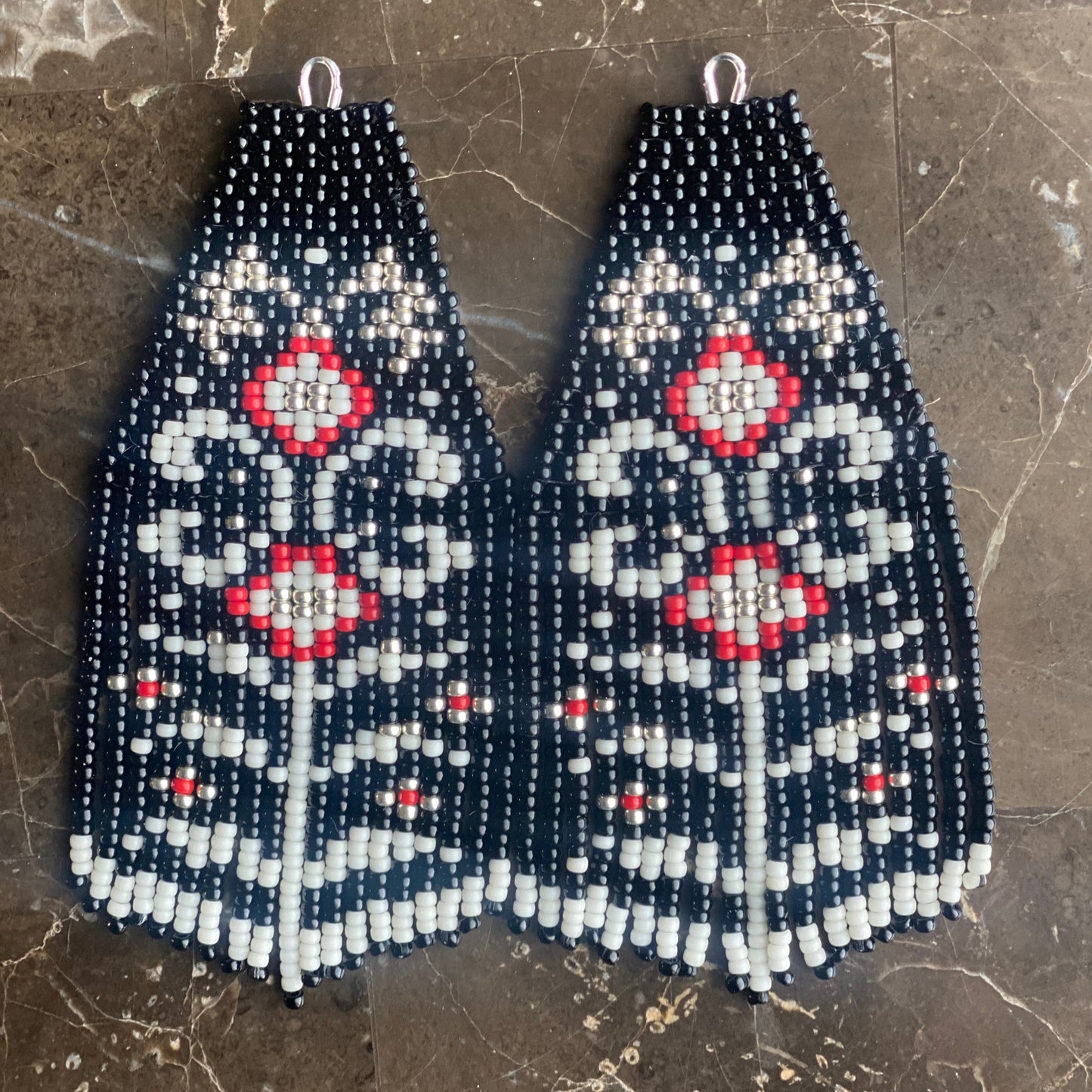 black red and white beaded folk floral fringe earrings