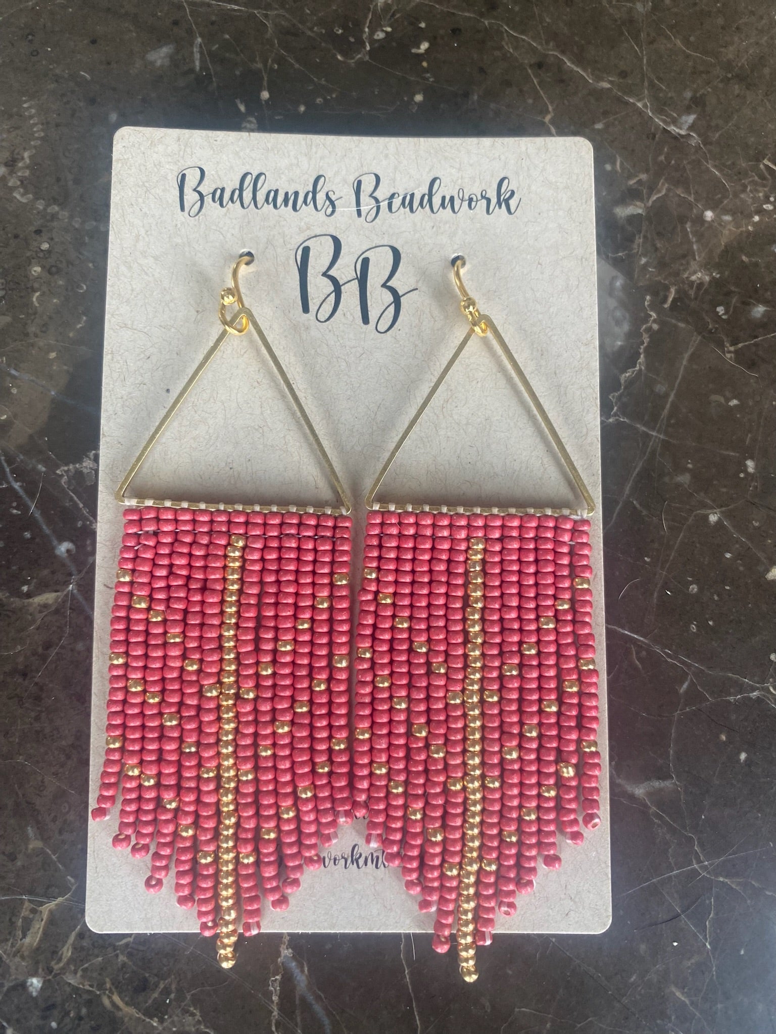 pink triangle fringe beaded earrings